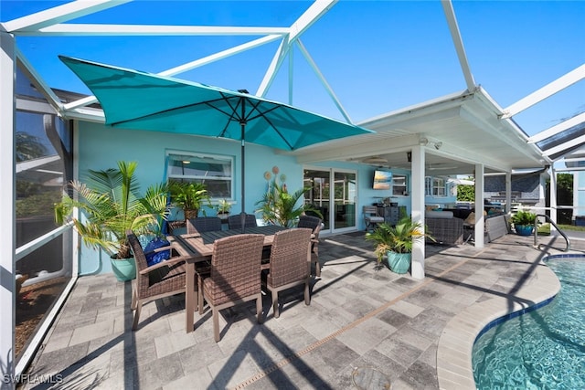 view of patio featuring an outdoor living space and glass enclosure