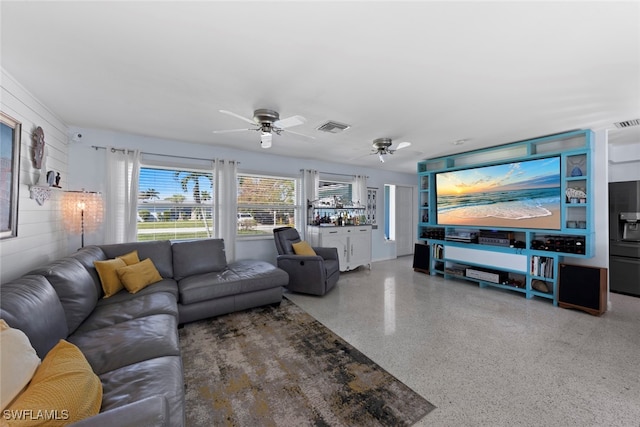 living room featuring ceiling fan