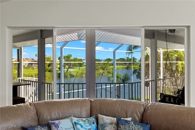 sunroom with a water view