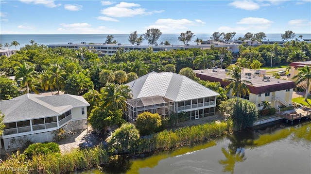 aerial view featuring a water view