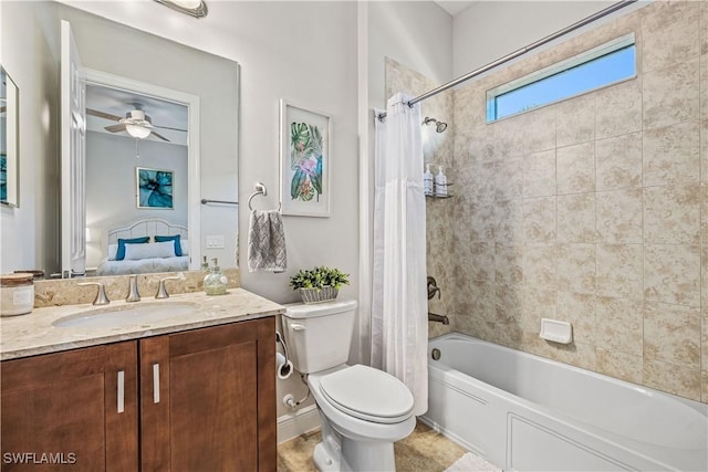 full bathroom featuring vanity, ceiling fan, shower / bath combo, and toilet