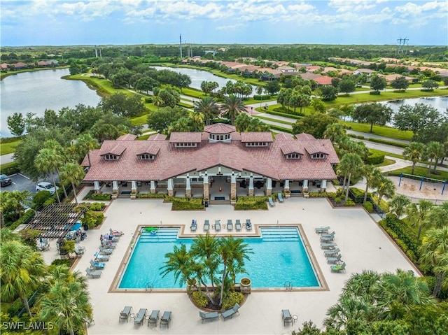 aerial view featuring a water view