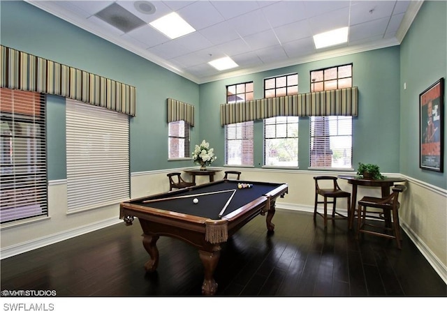 game room featuring crown molding, pool table, and dark hardwood / wood-style floors