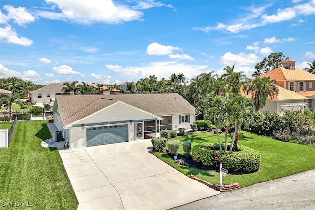 ranch-style home featuring a front yard and a garage