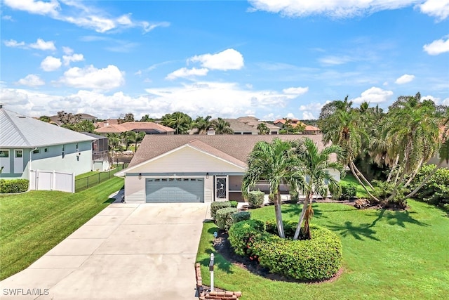 ranch-style home with a front lawn and a garage