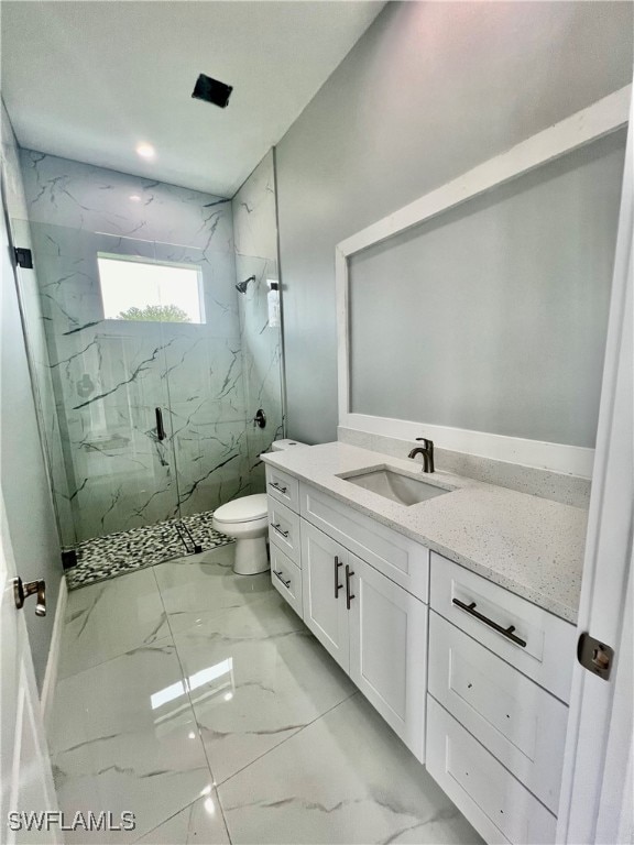 bathroom featuring vanity, toilet, and a shower with shower door