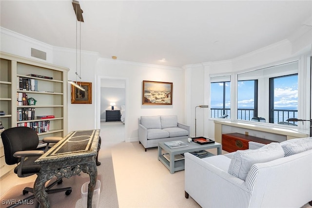 8171 Bay Colony Dr Unit 2004, Naples, FL 34108 - carpeted living room featuring ornamental molding and an office area