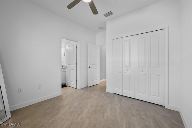 unfurnished bedroom with a closet and ceiling fan