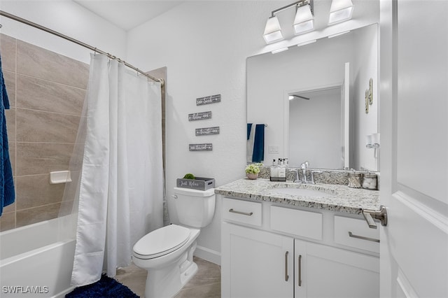 full bathroom featuring vanity, shower / bath combo with shower curtain, toilet, and tile patterned flooring