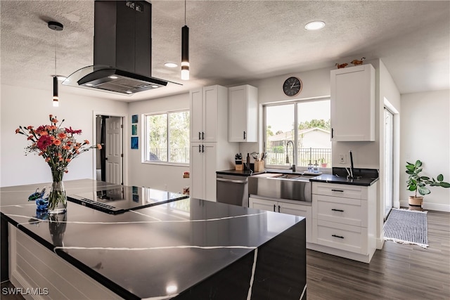 kitchen with white cabinetry, dark wood-type flooring, exhaust hood, and a wealth of natural light