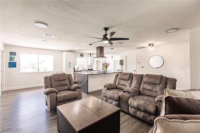 living room with ceiling fan, a textured ceiling, sink, and dark wood-type flooring