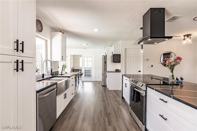 kitchen with white cabinets, island range hood, appliances with stainless steel finishes, and a healthy amount of sunlight