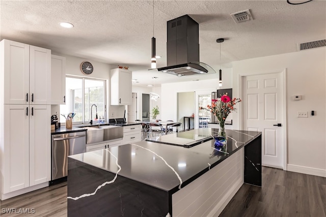 kitchen featuring white cabinets, a kitchen island, island exhaust hood, dark wood-type flooring, and dishwasher