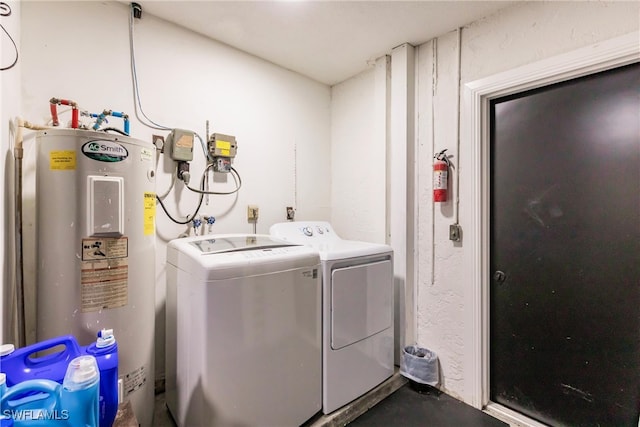 laundry room featuring water heater and washing machine and clothes dryer