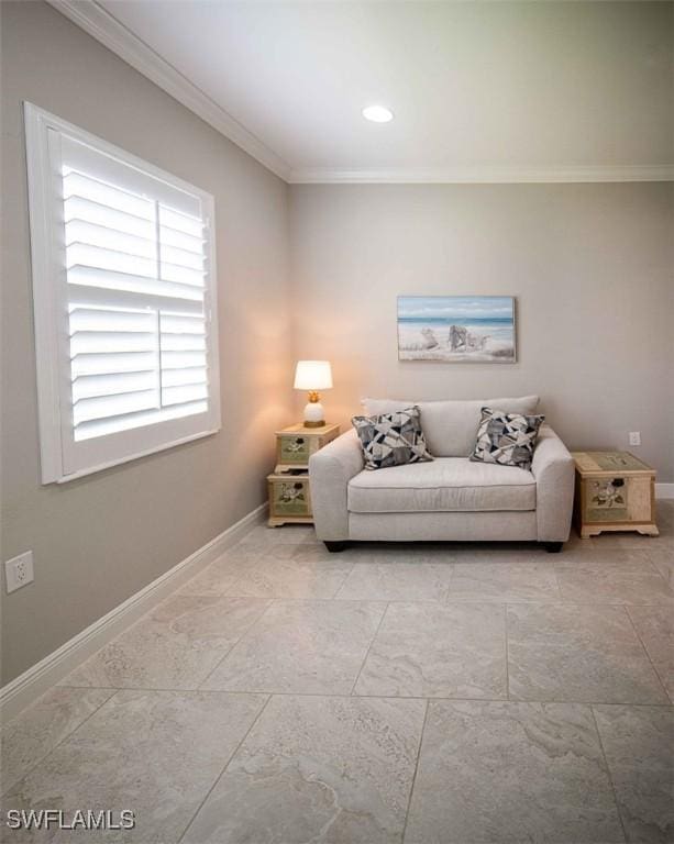 living room with baseboards and crown molding