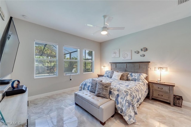 bedroom with marble finish floor, visible vents, baseboards, and a ceiling fan