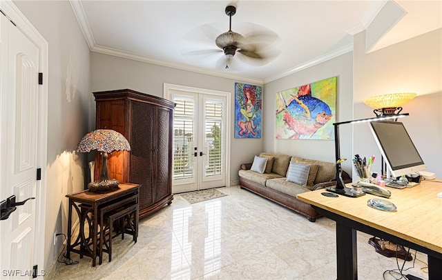 office space featuring ceiling fan, french doors, and ornamental molding