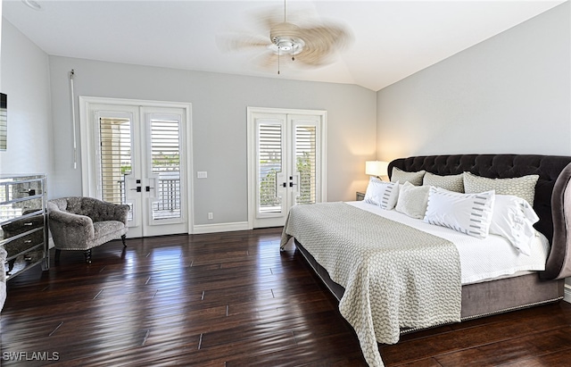 bedroom featuring dark hardwood / wood-style flooring, french doors, and access to outside