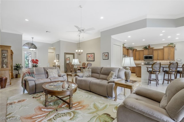 living room with crown molding, light tile patterned flooring, and ceiling fan with notable chandelier