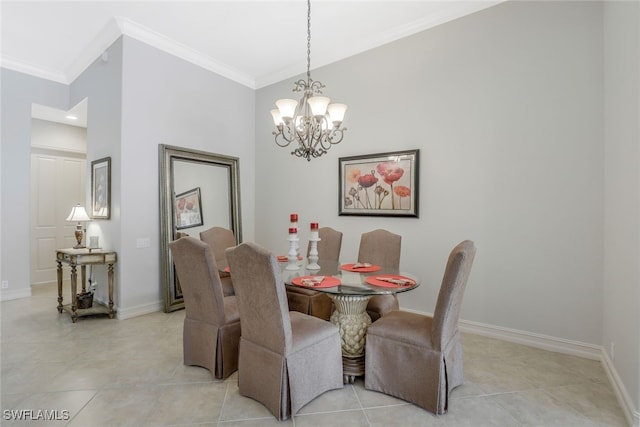 dining area with light tile patterned flooring, ornamental molding, and a chandelier