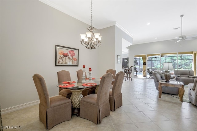 tiled dining space with ceiling fan with notable chandelier and crown molding