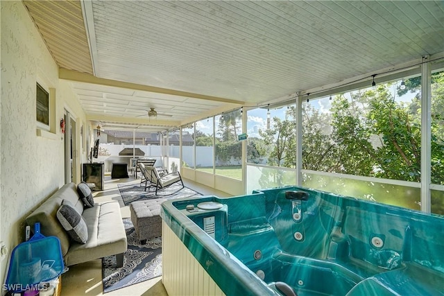 exterior space with wooden ceiling and a jacuzzi