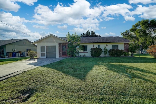 ranch-style home with a garage, a front yard, and central AC