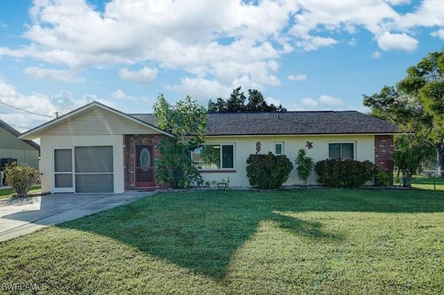 single story home with a garage and a front yard