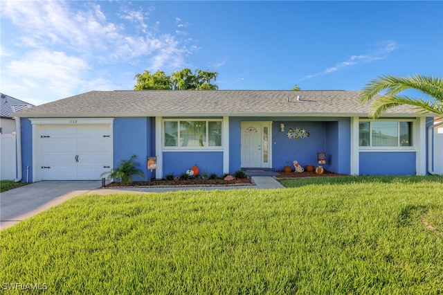 ranch-style house with a front lawn and a garage