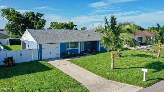 single story home featuring a garage and a front yard