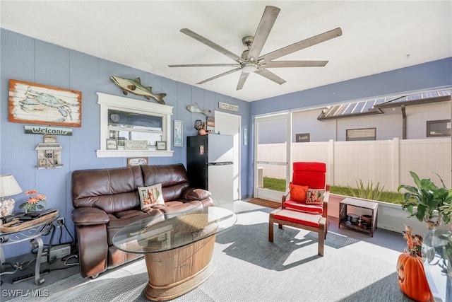 living room with ceiling fan