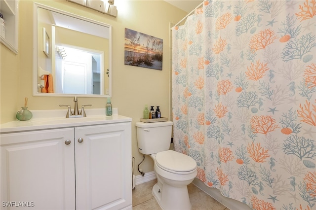 bathroom with tile patterned floors, vanity, walk in shower, and toilet