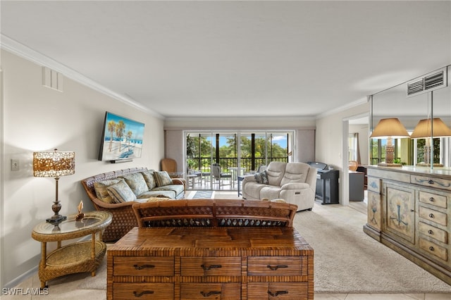 living room featuring light colored carpet and crown molding