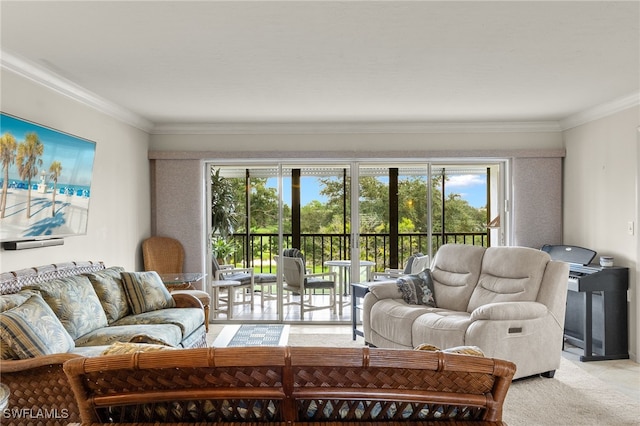 carpeted living room with a wealth of natural light and crown molding