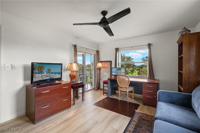 office with ceiling fan and light hardwood / wood-style flooring