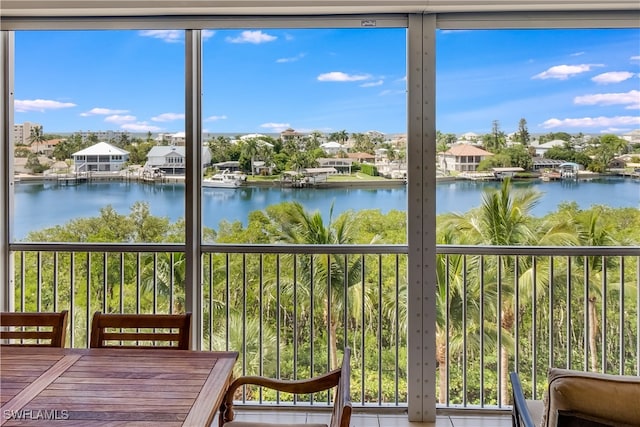 unfurnished sunroom with a wealth of natural light and a water view