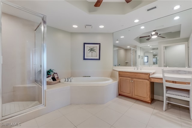 bathroom with vanity, separate shower and tub, and tile patterned flooring