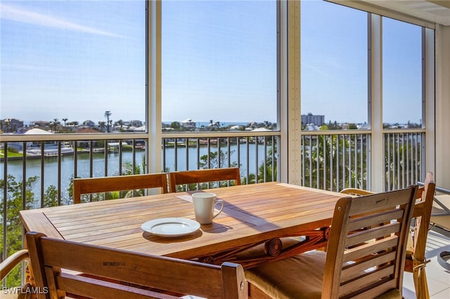 sunroom featuring a water view and a healthy amount of sunlight