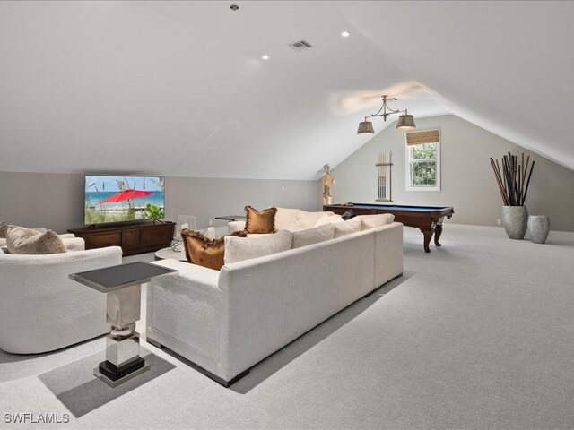 living room with lofted ceiling, light carpet, and billiards