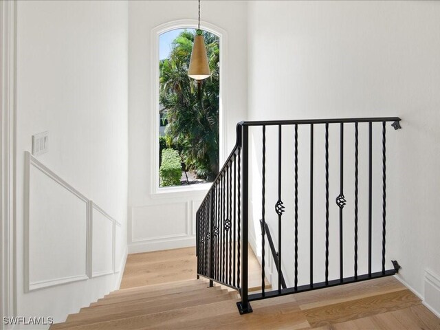 stairs with hardwood / wood-style floors and plenty of natural light