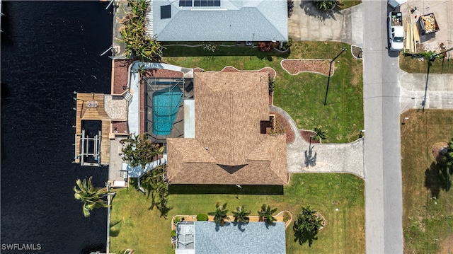 drone / aerial view featuring a water view