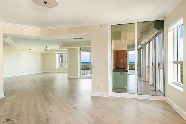 unfurnished room with light hardwood / wood-style flooring and crown molding