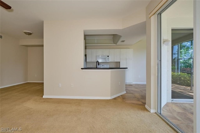 unfurnished living room with sink and light colored carpet