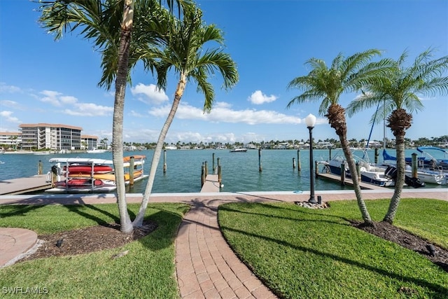 dock area with a water view and a lawn