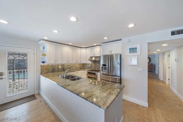 kitchen featuring appliances with stainless steel finishes, sink, light wood-type flooring, kitchen peninsula, and white cabinetry