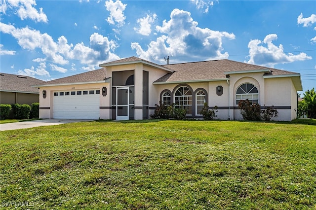 view of front facade featuring a front yard and a garage