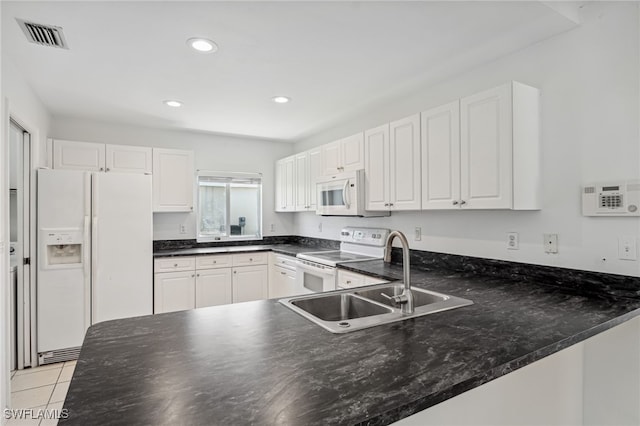 kitchen featuring white cabinets, kitchen peninsula, sink, and white appliances