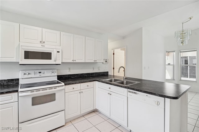 kitchen with kitchen peninsula, sink, white appliances, and white cabinetry