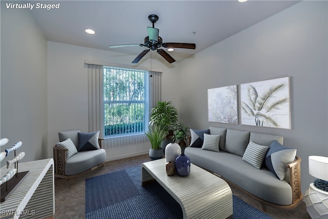 living room with ceiling fan