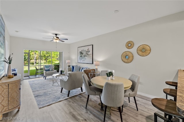 dining room with light hardwood / wood-style floors and ceiling fan